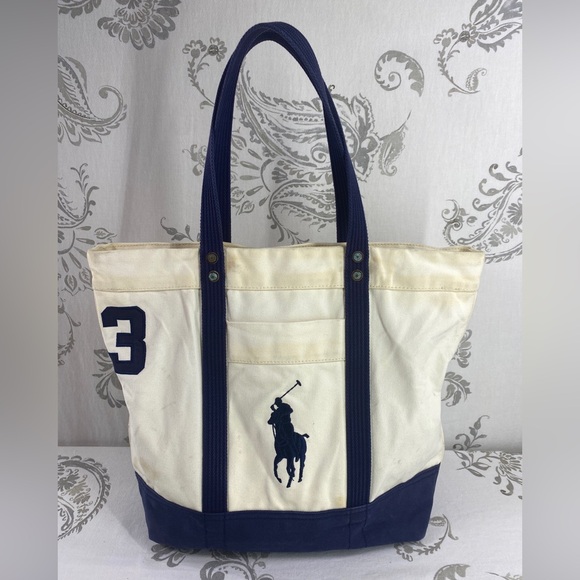 RALPH‎ LAUREN POLO VNTG LOGO
#3 TOTE BAG NATURAL IVORY W
BLUE CANVAS ZIP CARRY L - Picture 1 of 16